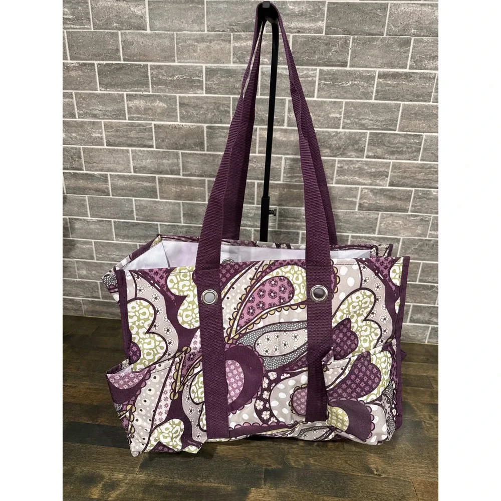 Thirty-One Organizing Utility Tote Purple Paisley Print 7 Pockets Storage Bag